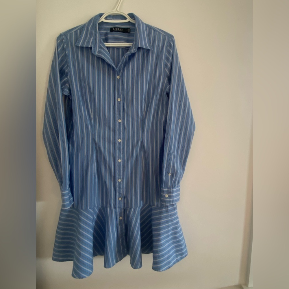 Lauren Ralph Lauren Blue and White Striped Ruffled Shirt Dress